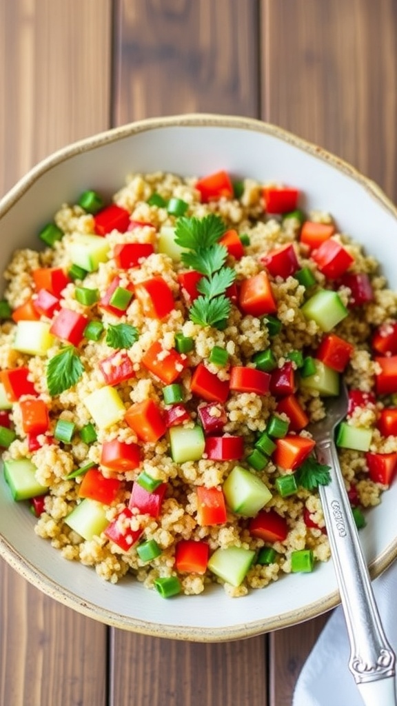 A colorful toasted quinoa salad with bell peppers, cucumbers, and parsley in a rustic bowl on a wooden table.